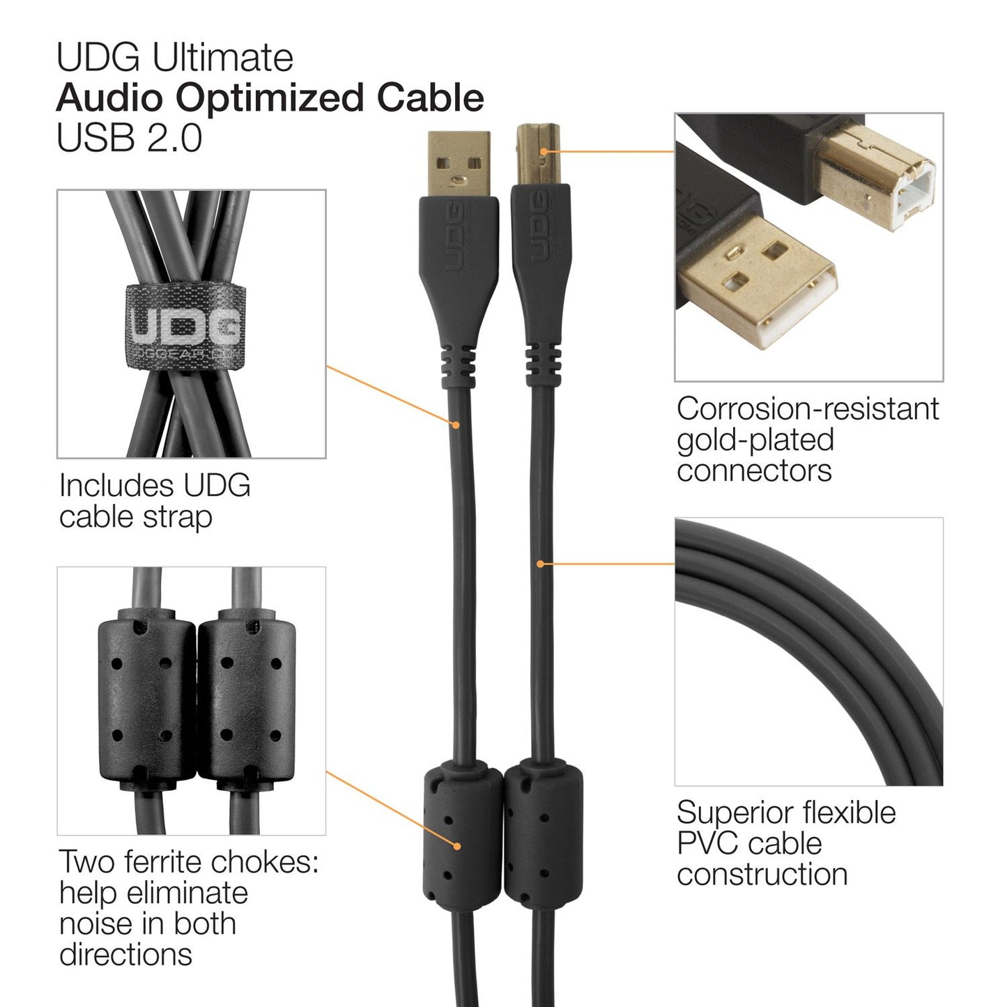 U95002BL - UDG Ultimate Audio Cable USB 2.0 A-B Black Straight 2m