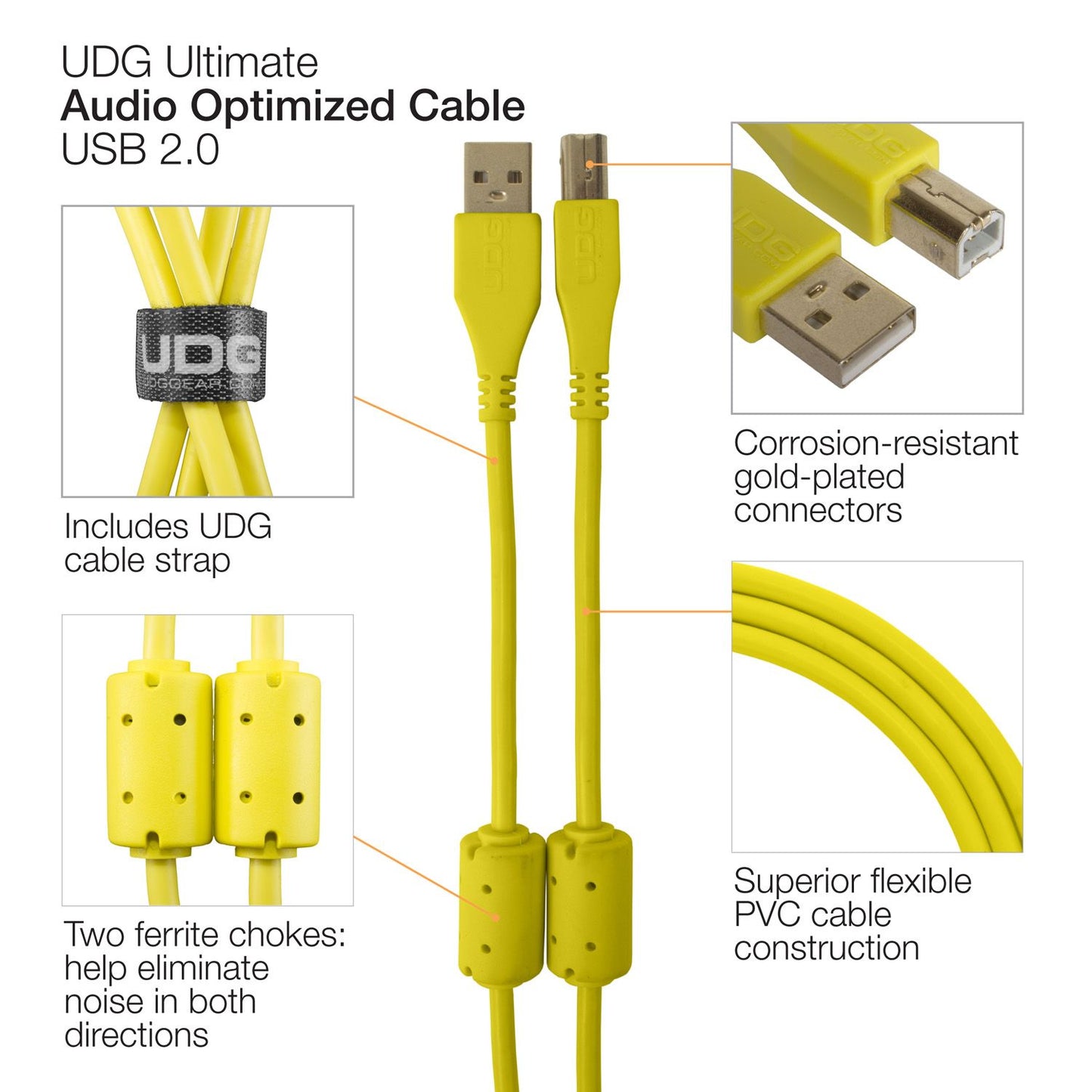 U95002YL - UDG Ultimate Audio Cable USB 2.0 A-B Yellow Straight 2m